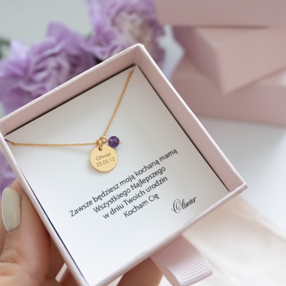 Złoty Naszyjnik Grawer Kamień Urodzeniowy